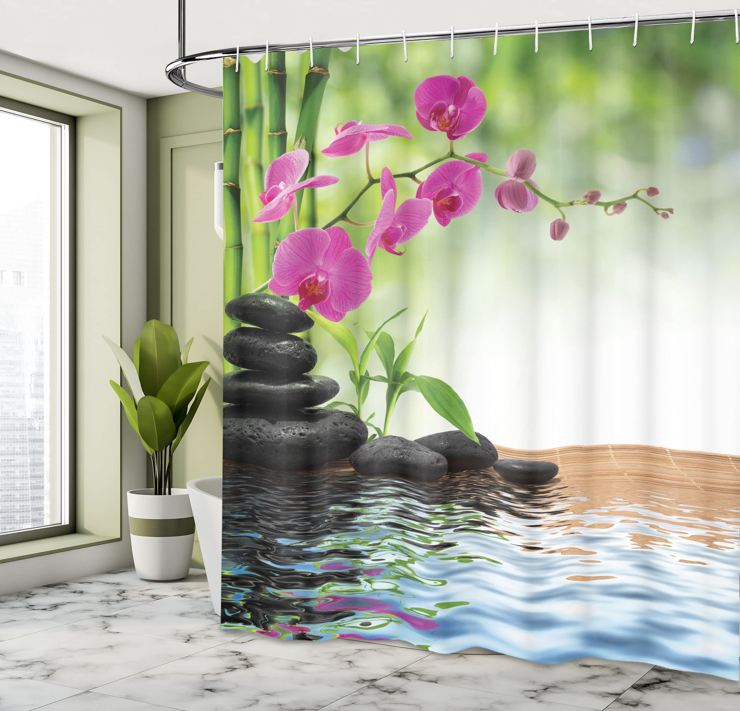 Ambesonne Orchid Shower Curtain, Greenery Composition Of Tree And Exotic Wild Fuchsia Flowers Stones, Cloth Fabric Bathroom Deco